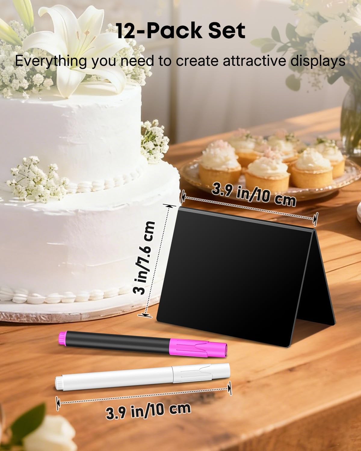 20 Pack Mini Chalkboard Signs for Party Buffet Tables | 20 reusable matte PVC mini chalkboard signs with chalk markers label food, tables and place settings for parties.