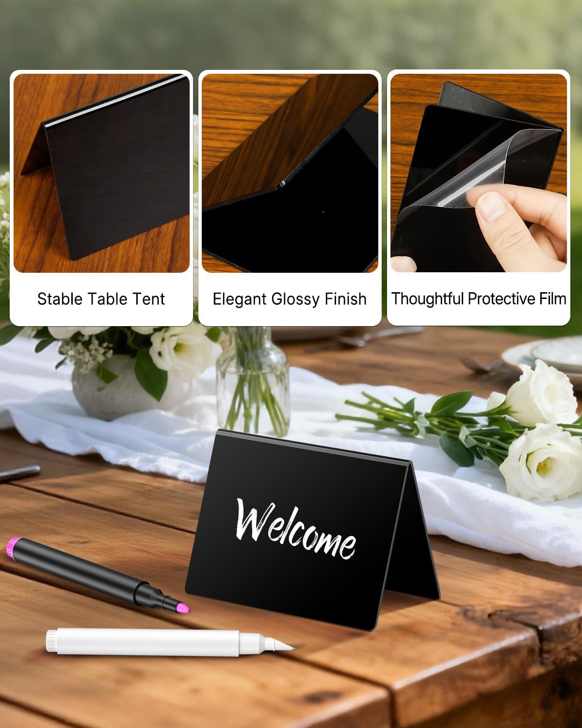 20 Pack Mini Chalkboard Signs for Party Buffet Tables | 20 reusable matte PVC mini chalkboard signs with chalk markers label food, tables and place settings for parties.