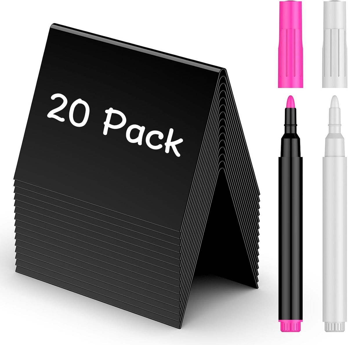 20 Pack Mini Chalkboard Signs for Party Buffet Tables | 20 reusable matte PVC mini chalkboard signs with chalk markers label food, tables and place settings for parties.