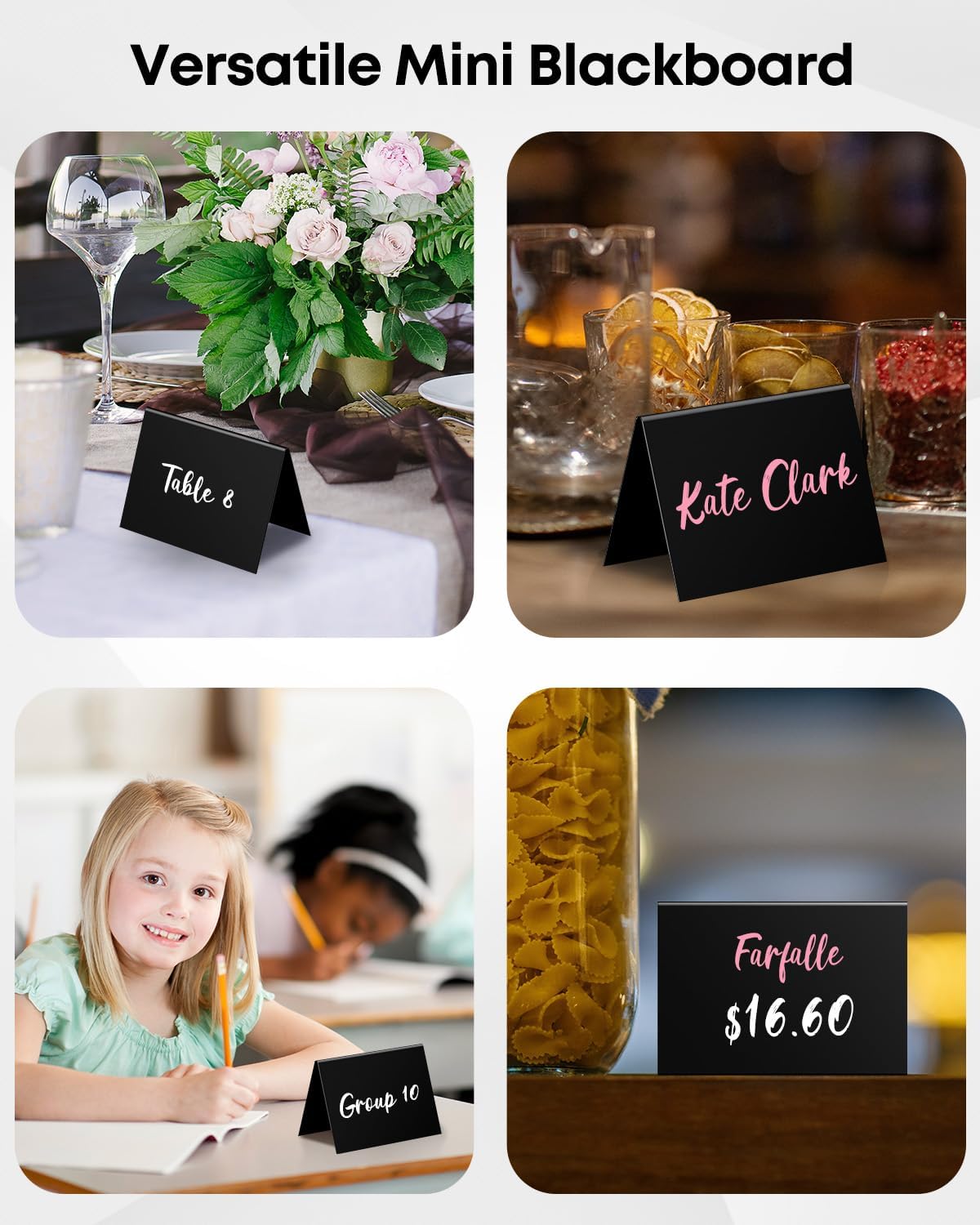 20 Pack Mini Chalkboard Signs for Party Buffet Tables | 20 reusable matte PVC mini chalkboard signs with chalk markers label food, tables and place settings for parties.