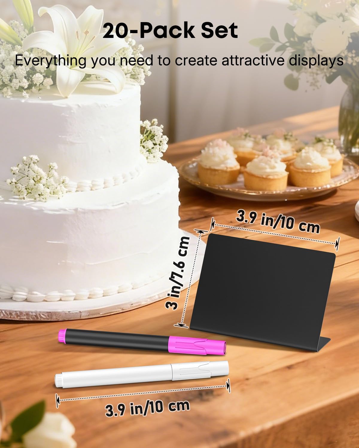 20 Pack Mini Chalkboard Signs for Party Buffet Tables | 20 reusable matte PVC mini chalkboard signs with chalk markers label food, tables and place settings for parties.