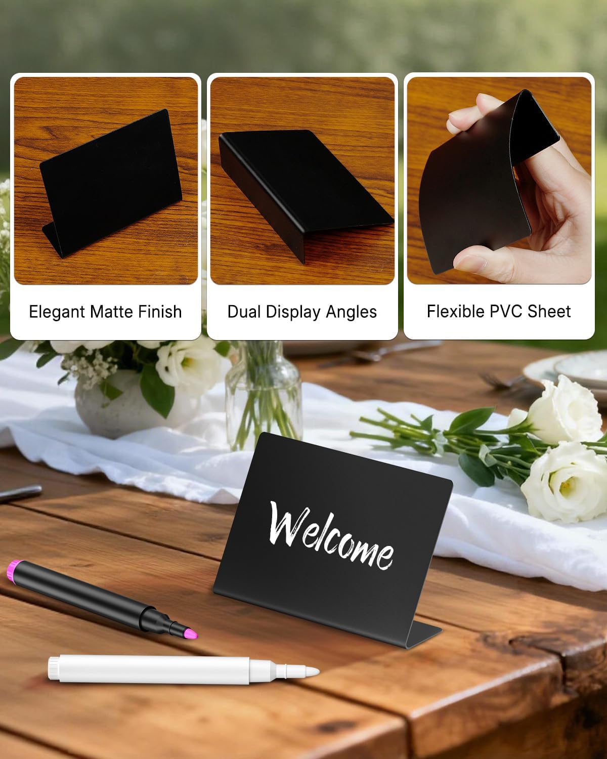 20 Pack Mini Chalkboard Signs for Party Buffet Tables | 20 reusable matte PVC mini chalkboard signs with chalk markers label food, tables and place settings for parties.