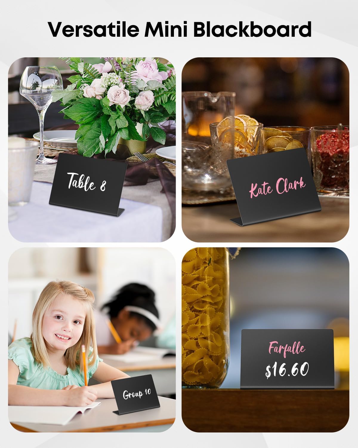 20 Pack Mini Chalkboard Signs for Party Buffet Tables | 20 reusable matte PVC mini chalkboard signs with chalk markers label food, tables and place settings for parties.