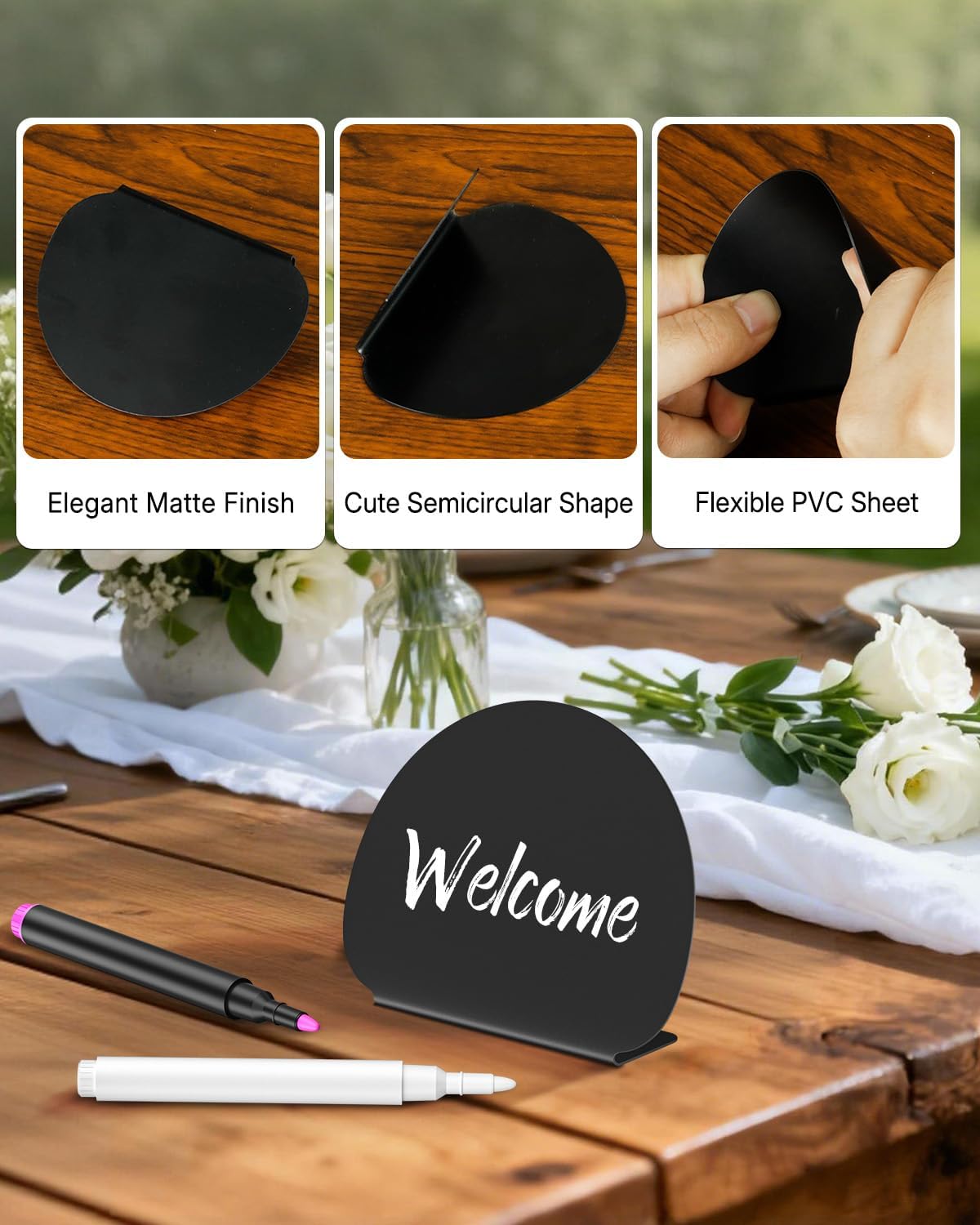 20 Pack Mini Chalkboard Signs for Party Buffet Tables | 20 reusable matte PVC mini chalkboard signs with chalk markers label food, tables and place settings for parties.