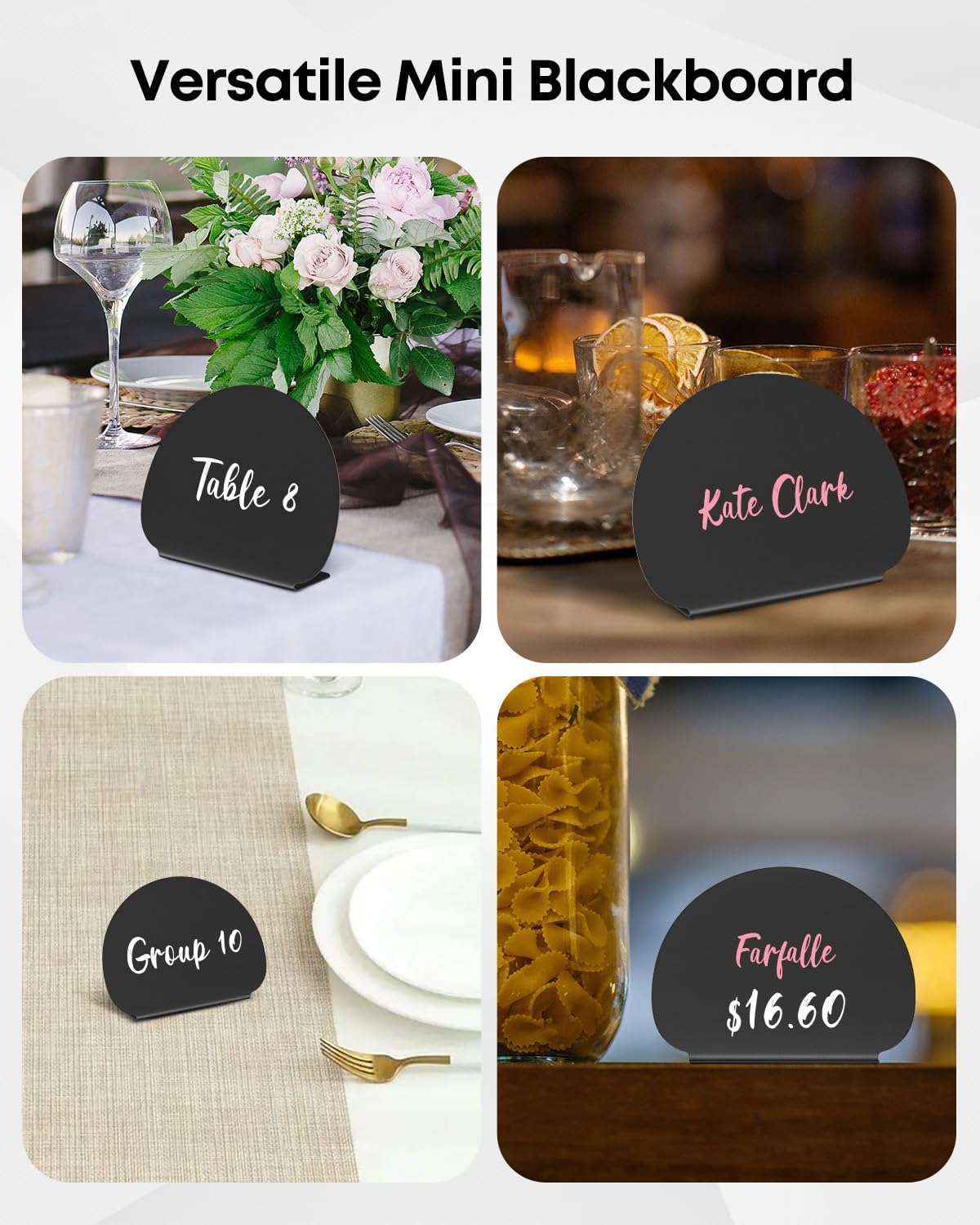 20 Pack Mini Chalkboard Signs for Party Buffet Tables | 20 reusable matte PVC mini chalkboard signs with chalk markers label food, tables and place settings for parties.