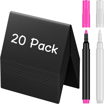 20 Pack Mini Chalkboard Signs for Party Buffet Tables | 20 reusable matte PVC mini chalkboard signs with chalk markers label food, tables and place settings for parties.