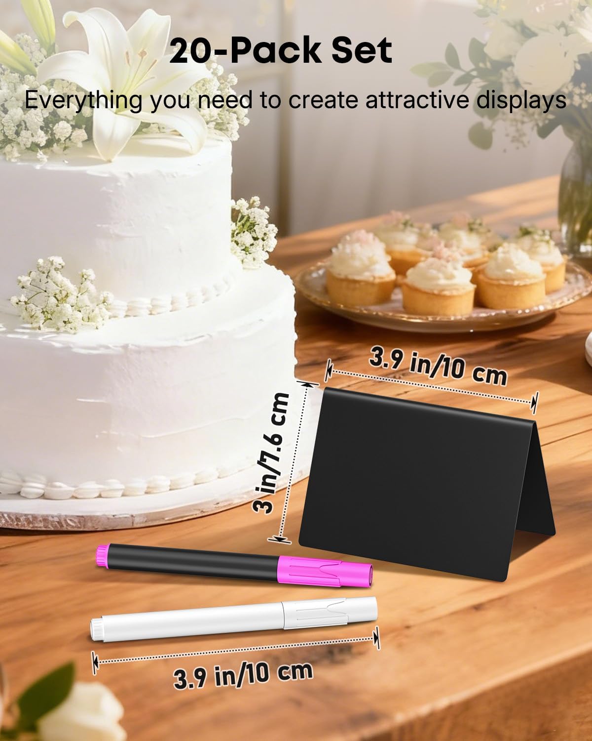 20 Pack Mini Chalkboard Signs for Party Buffet Tables | 20 reusable matte PVC mini chalkboard signs with chalk markers label food, tables and place settings for parties.