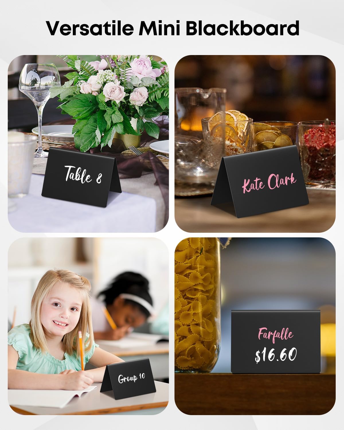 20 Pack Mini Chalkboard Signs for Party Buffet Tables | 20 reusable matte PVC mini chalkboard signs with chalk markers label food, tables and place settings for parties.