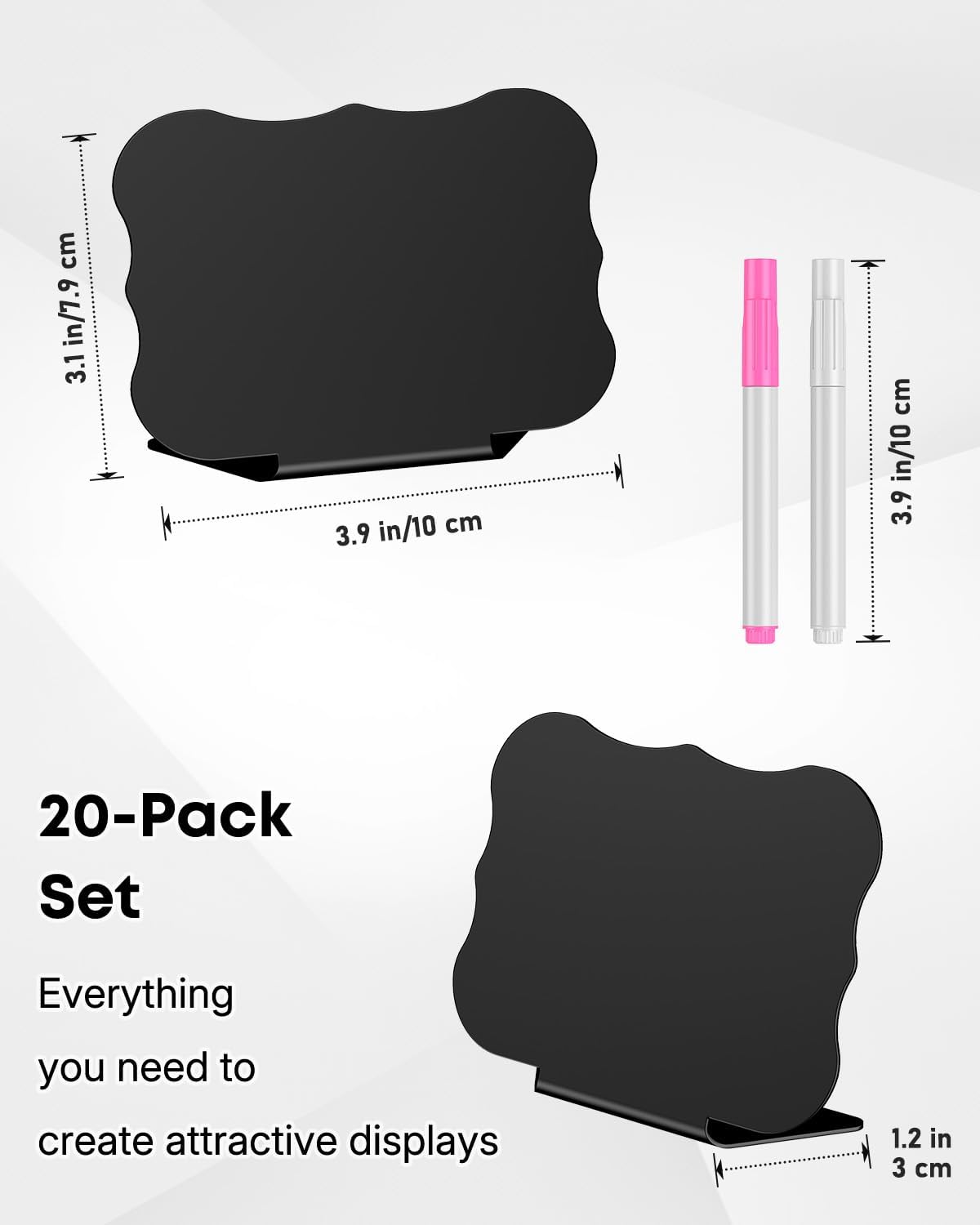 20 Pack Mini Chalkboard Signs for Party Buffet Tables | 20 reusable matte PVC mini chalkboard signs with chalk markers label food, tables and place settings for parties.