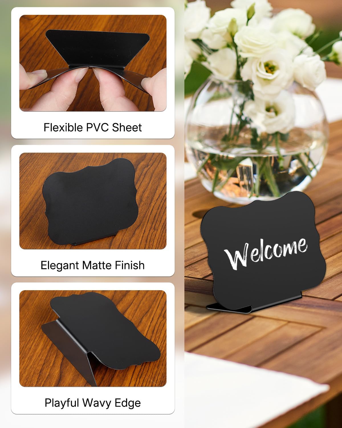 20 Pack Mini Chalkboard Signs for Party Buffet Tables | 20 reusable matte PVC mini chalkboard signs with chalk markers label food, tables and place settings for parties.