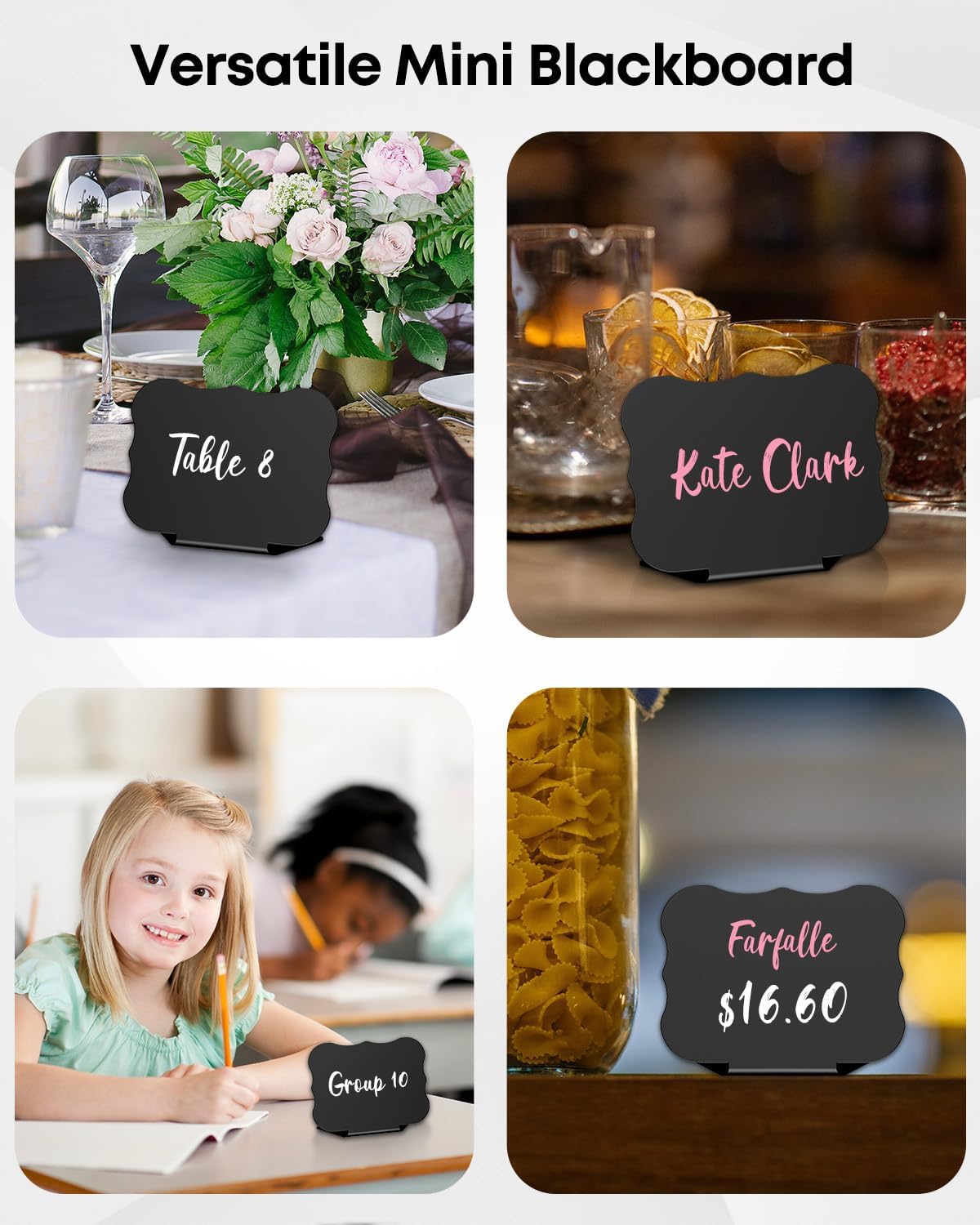 20 Pack Mini Chalkboard Signs for Party Buffet Tables | 20 reusable matte PVC mini chalkboard signs with chalk markers label food, tables and place settings for parties.