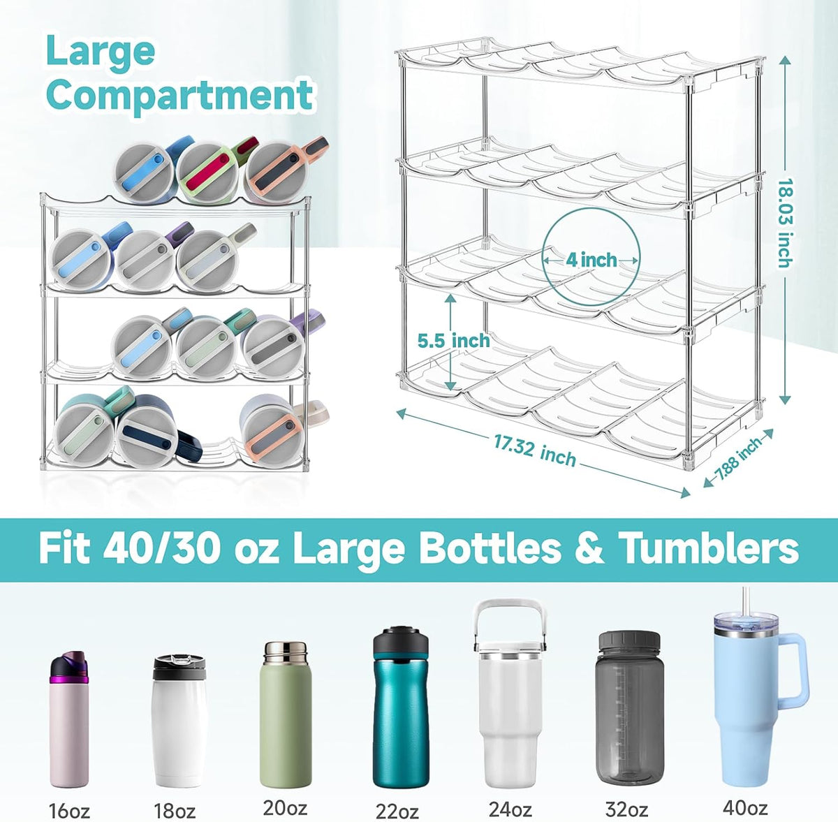 Stackable Water Bottle Organizer, Large Compartment Water Bottle Holder for Stanley 40 oz Tumbler, Kitchen Storage Organizer for Stanley Cup Accessories, Tumbler Organizer Wine Rack - Hold 16 Bottles
