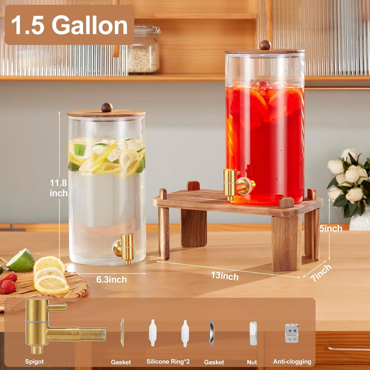 2pcs 1.5 Gallon Glass Drink Dispenser with Wood Stand