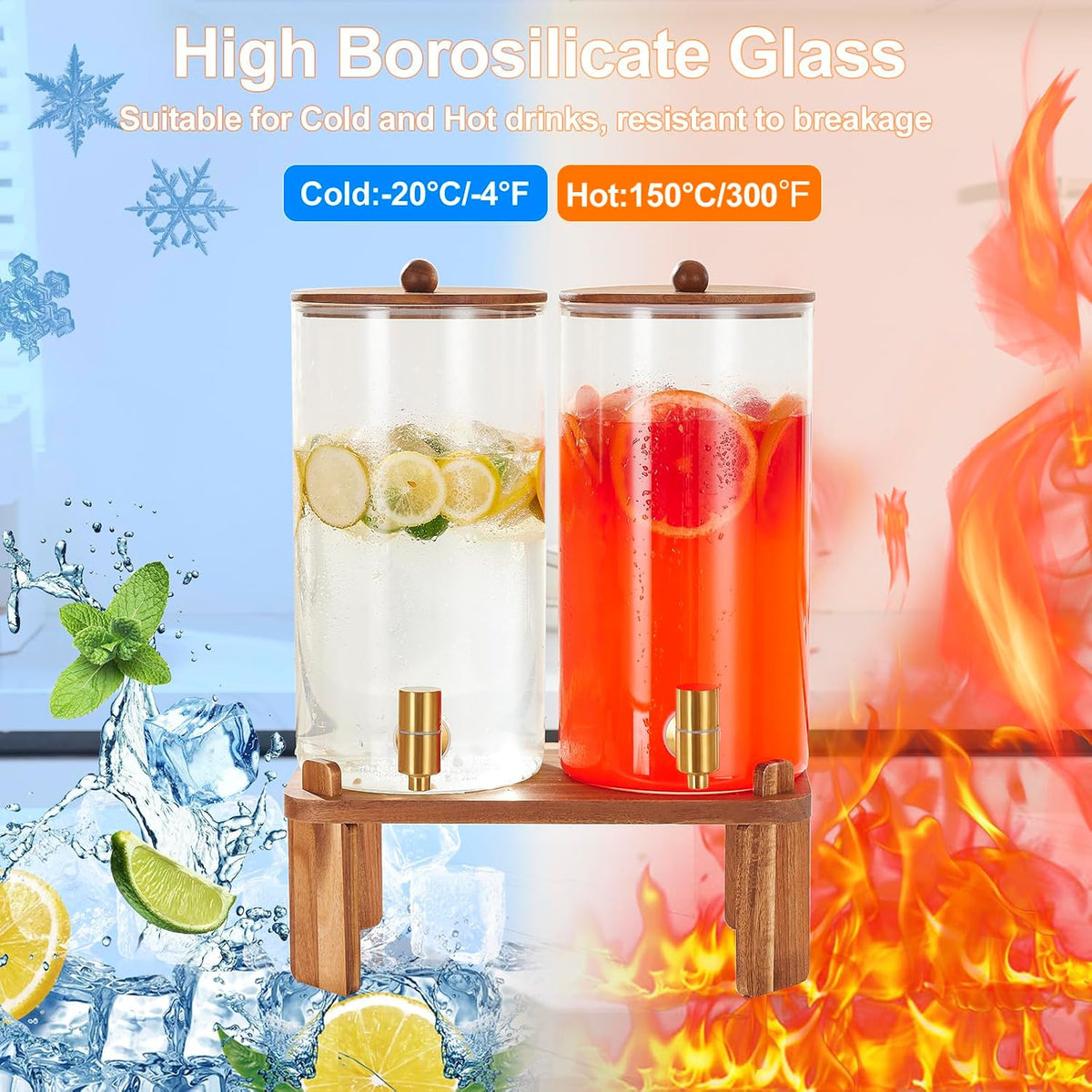 2pcs 1.5 Gallon Glass Drink Dispenser with Wood Stand