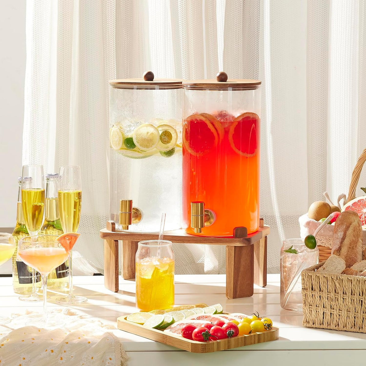 2pcs 1.5 Gallon Glass Drink Dispenser with Wood Stand