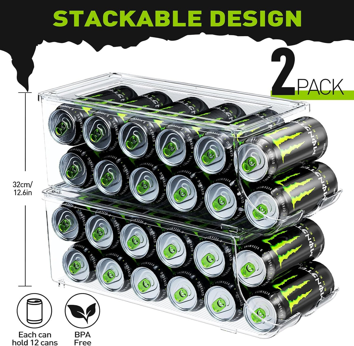 SCAVATA 2 Pack Tall Skinny Can Organizer for Refrigerator, Stackable Large Soda Cans of 16oz & 17oz Beverage Energy Drink Container Holder Dispenser with Lid for Fridge, Clear Storage Plastic Bins