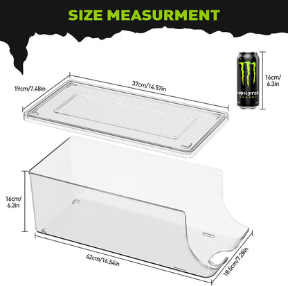 SCAVATA 2 Pack Tall Skinny Can Organizer for Refrigerator, Stackable Large Soda Cans of 16oz & 17oz Beverage Energy Drink Container Holder Dispenser with Lid for Fridge, Clear Storage Plastic Bins