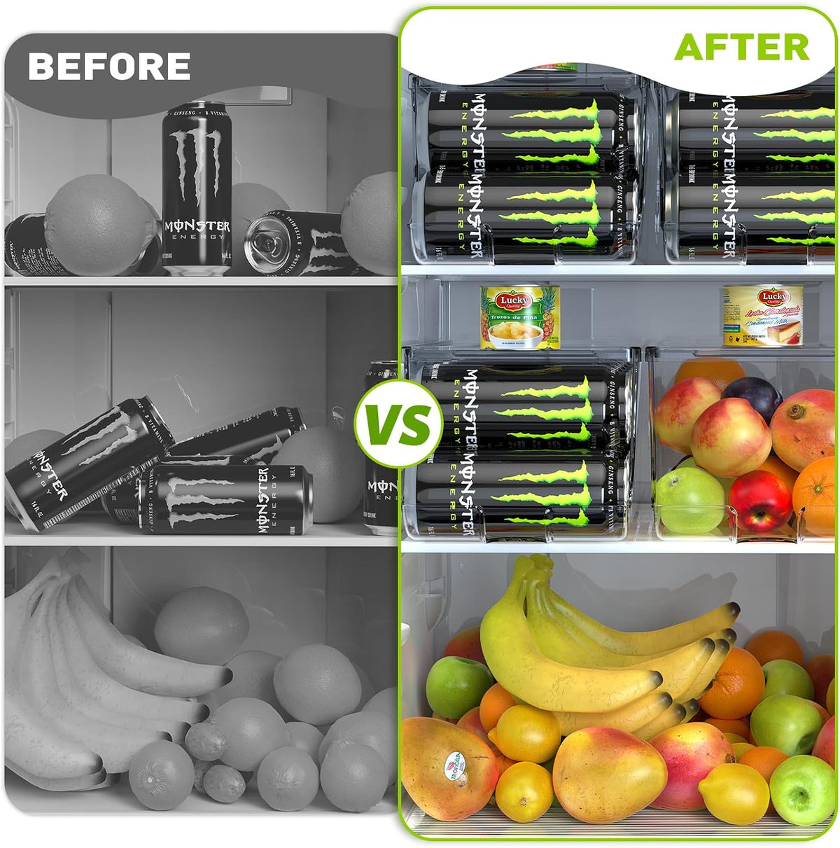 SCAVATA 2 Pack Tall Skinny Can Organizer for Refrigerator, Stackable Large Soda Cans of 16oz & 17oz Beverage Energy Drink Container Holder Dispenser with Lid for Fridge, Clear Storage Plastic Bins
