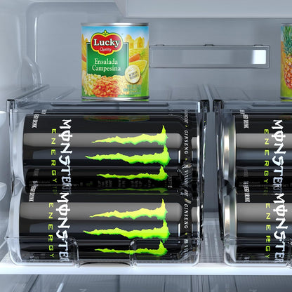 SCAVATA 2 Pack Tall Skinny Can Organizer for Refrigerator, Stackable Large Soda Cans of 16oz & 17oz Beverage Energy Drink Container Holder Dispenser with Lid for Fridge, Clear Storage Plastic Bins