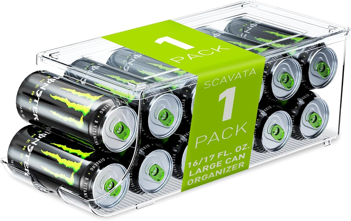 SCAVATA 2 Pack Tall Skinny Can Organizer for Refrigerator, Stackable Large Soda Cans of 16oz & 17oz Beverage Energy Drink Container Holder Dispenser with Lid for Fridge, Clear Storage Plastic Bins