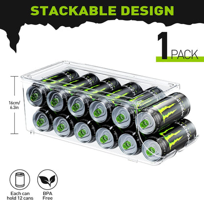 SCAVATA 2 Pack Tall Skinny Can Organizer for Refrigerator, Stackable Large Soda Cans of 16oz & 17oz Beverage Energy Drink Container Holder Dispenser with Lid for Fridge, Clear Storage Plastic Bins