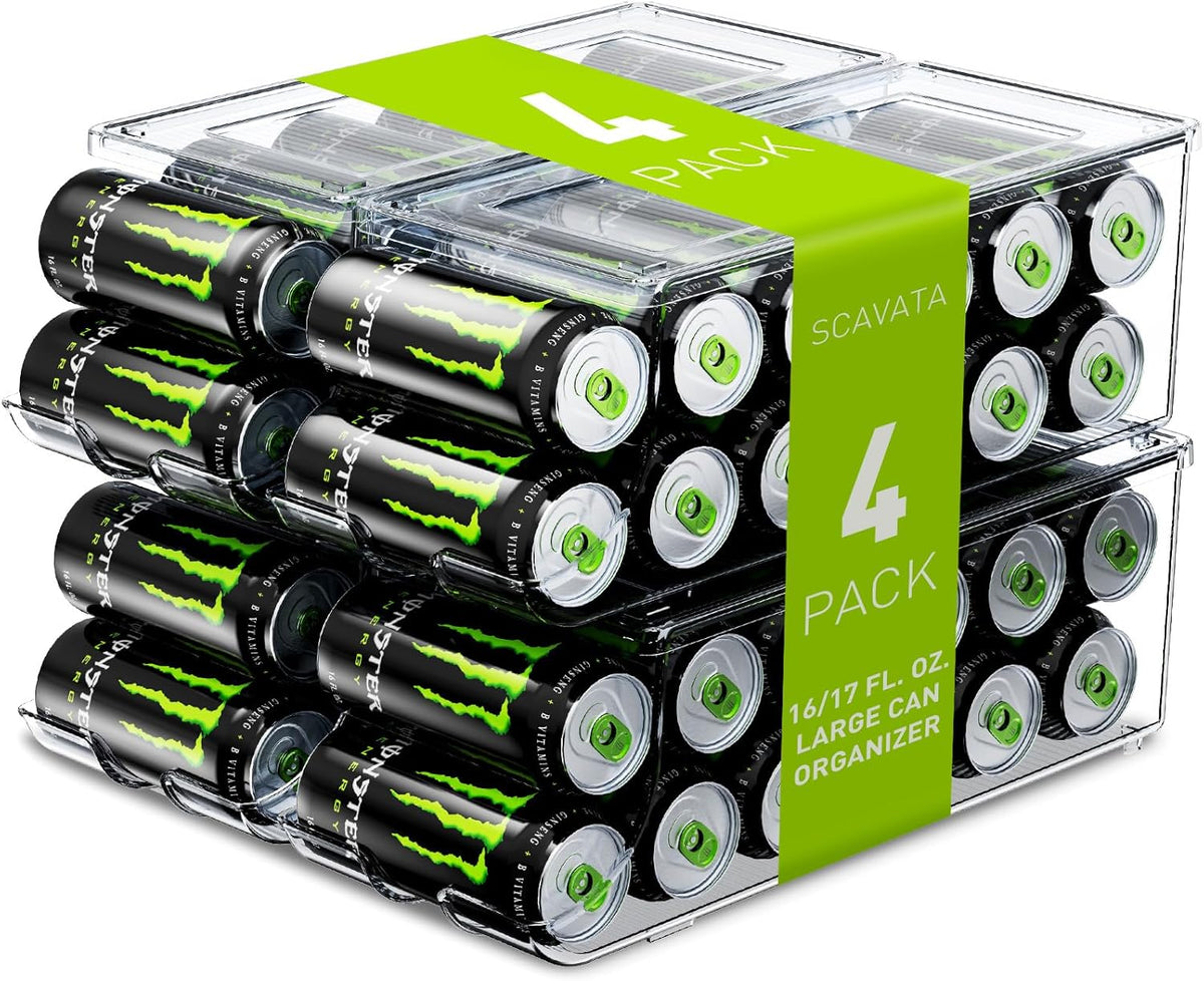 SCAVATA 2 Pack Tall Skinny Can Organizer for Refrigerator, Stackable Large Soda Cans of 16oz & 17oz Beverage Energy Drink Container Holder Dispenser with Lid for Fridge, Clear Storage Plastic Bins