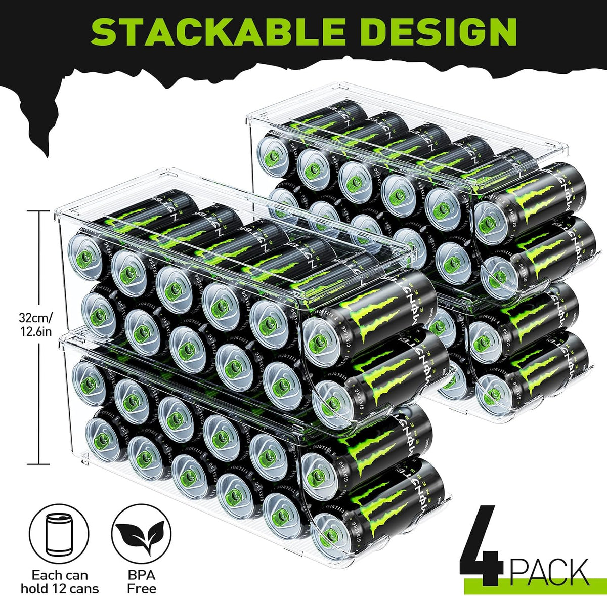 SCAVATA 2 Pack Tall Skinny Can Organizer for Refrigerator, Stackable Large Soda Cans of 16oz & 17oz Beverage Energy Drink Container Holder Dispenser with Lid for Fridge, Clear Storage Plastic Bins