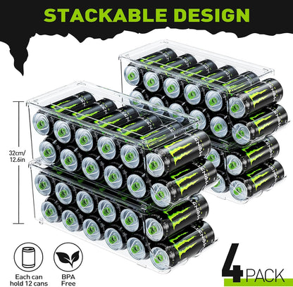 SCAVATA 2 Pack Tall Skinny Can Organizer for Refrigerator, Stackable Large Soda Cans of 16oz & 17oz Beverage Energy Drink Container Holder Dispenser with Lid for Fridge, Clear Storage Plastic Bins