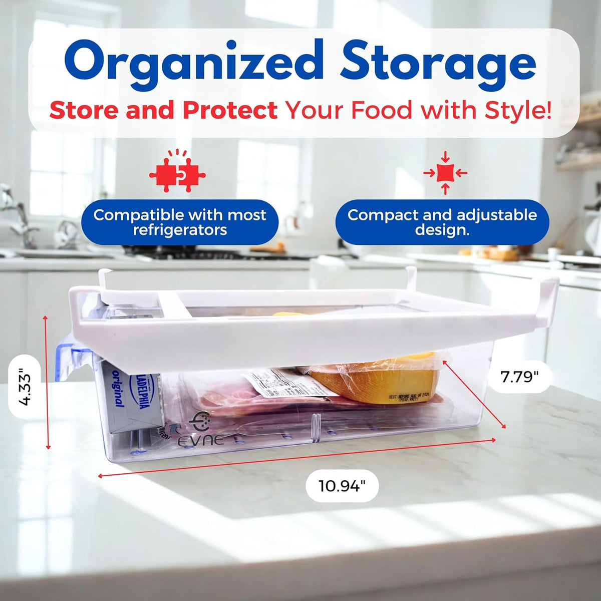 Refrigerator Drawers Fridge Drawer Organizer Fridge Organizer Drawers Small Size Refrigerator Shelf Pull Out Shelf Storage, Storage Egg Deli Cheese Meat 4 Liners Mats Included 15'' Max Size