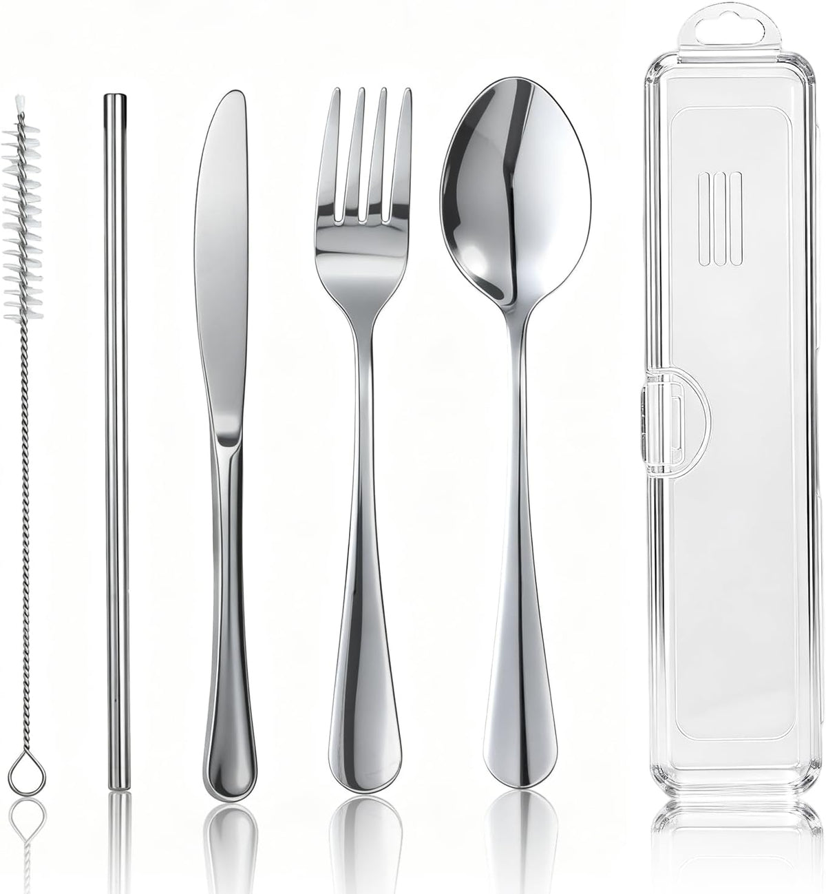 Travel Camping Utensils with Case, 6 Pcs Reusable Stainless Steel Silverware Cutlery Set, Spoon, Fork, Knife + Straw/Brush Kit for Camping, Travel, Office, Lunch Box, Eco On-the-Go (silver)
