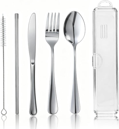 Travel Camping Utensils with Case, 6 Pcs Reusable Stainless Steel Silverware Cutlery Set, Spoon, Fork, Knife + Straw/Brush Kit for Camping, Travel, Office, Lunch Box, Eco On-the-Go (silver)