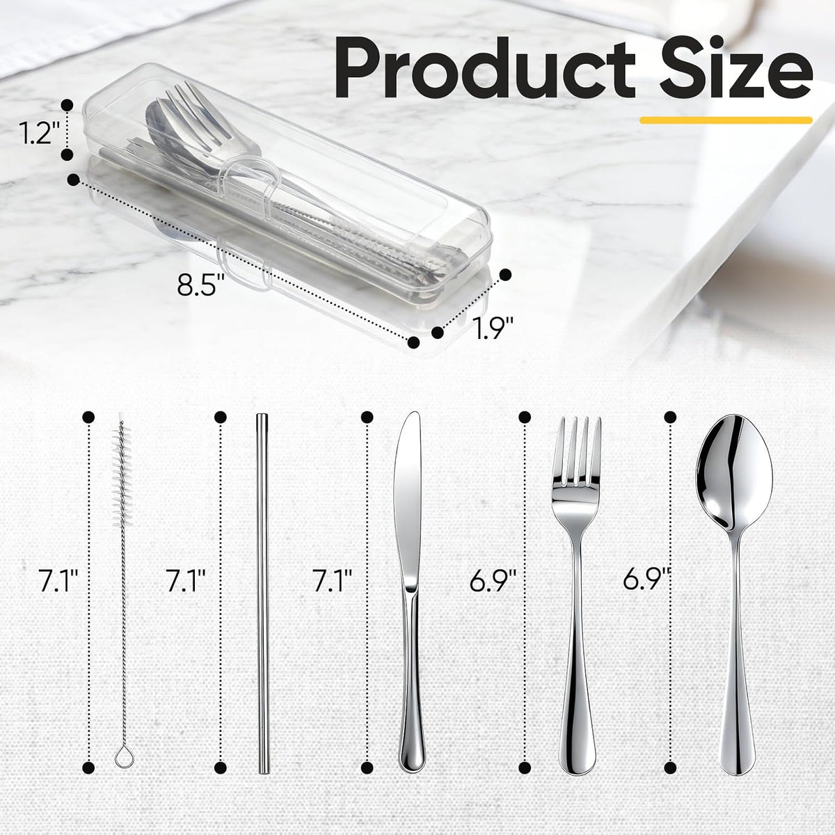 Travel Camping Utensils with Case, 6 Pcs Reusable Stainless Steel Silverware Cutlery Set, Spoon, Fork, Knife + Straw/Brush Kit for Camping, Travel, Office, Lunch Box, Eco On-the-Go (silver)