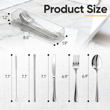 Travel Camping Utensils with Case, 6 Pcs Reusable Stainless Steel Silverware Cutlery Set, Spoon, Fork, Knife + Straw/Brush Kit for Camping, Travel, Office, Lunch Box, Eco On-the-Go (silver)