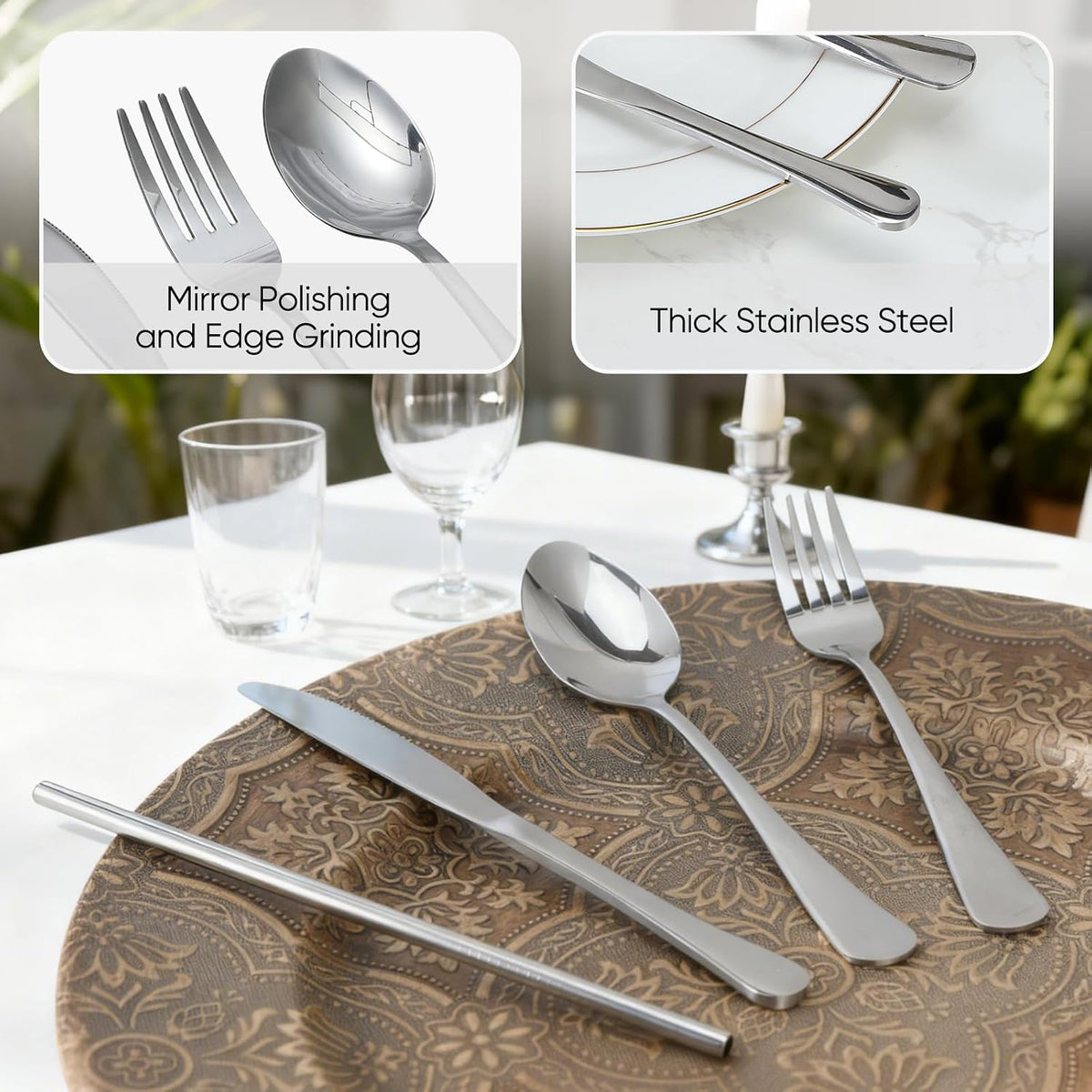 Travel Camping Utensils with Case, 6 Pcs Reusable Stainless Steel Silverware Cutlery Set, Spoon, Fork, Knife + Straw/Brush Kit for Camping, Travel, Office, Lunch Box, Eco On-the-Go (silver)
