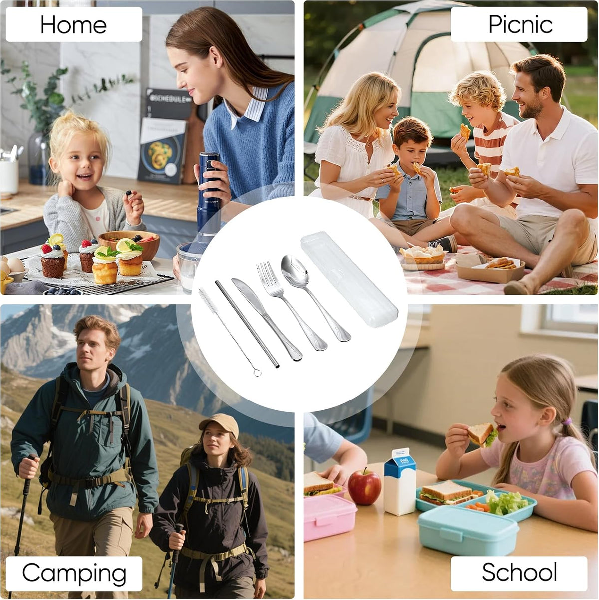 Travel Camping Utensils with Case, 6 Pcs Reusable Stainless Steel Silverware Cutlery Set, Spoon, Fork, Knife + Straw/Brush Kit for Camping, Travel, Office, Lunch Box, Eco On-the-Go (silver)