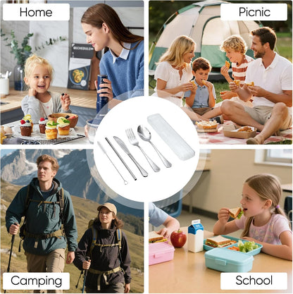 Travel Camping Utensils with Case, 6 Pcs Reusable Stainless Steel Silverware Cutlery Set, Spoon, Fork, Knife + Straw/Brush Kit for Camping, Travel, Office, Lunch Box, Eco On-the-Go (silver)