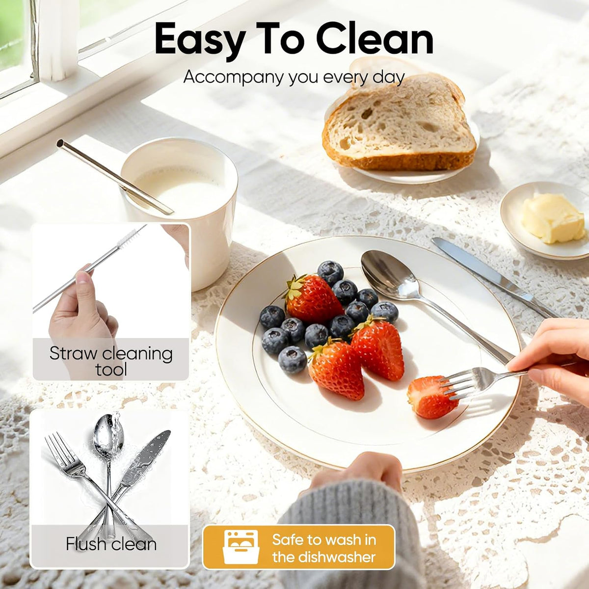 Travel Camping Utensils with Case, 6 Pcs Reusable Stainless Steel Silverware Cutlery Set, Spoon, Fork, Knife + Straw/Brush Kit for Camping, Travel, Office, Lunch Box, Eco On-the-Go (silver)