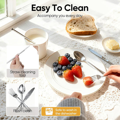 Travel Camping Utensils with Case, 6 Pcs Reusable Stainless Steel Silverware Cutlery Set, Spoon, Fork, Knife + Straw/Brush Kit for Camping, Travel, Office, Lunch Box, Eco On-the-Go (silver)