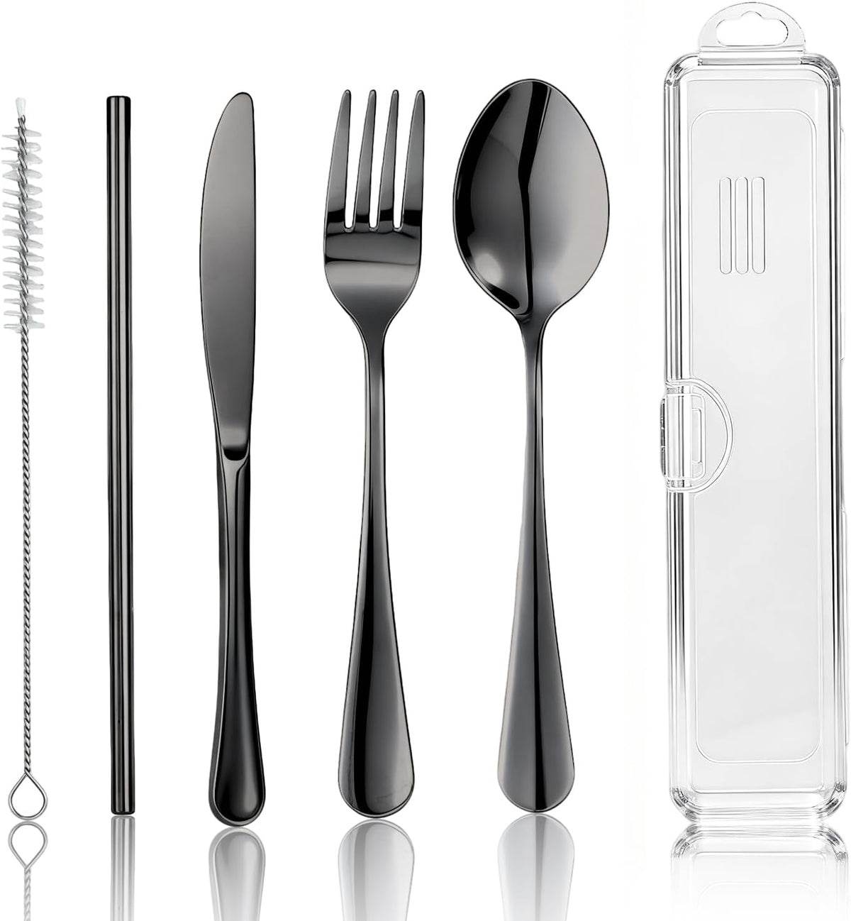 Travel Camping Utensils with Case, 6 Pcs Reusable Stainless Steel Silverware Cutlery Set, Spoon, Fork, Knife + Straw/Brush Kit for Camping, Travel, Office, Lunch Box, Eco On-the-Go (silver)
