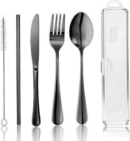 Travel Camping Utensils with Case, 6 Pcs Reusable Stainless Steel Silverware Cutlery Set, Spoon, Fork, Knife + Straw/Brush Kit for Camping, Travel, Office, Lunch Box, Eco On-the-Go (silver)