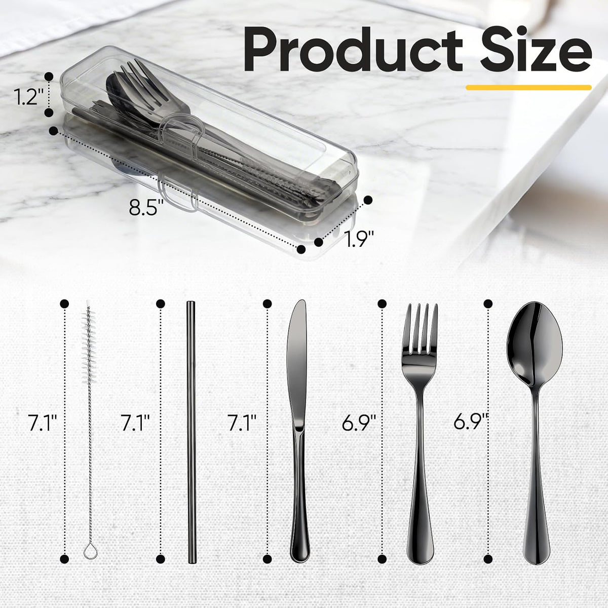 Travel Camping Utensils with Case, 6 Pcs Reusable Stainless Steel Silverware Cutlery Set, Spoon, Fork, Knife + Straw/Brush Kit for Camping, Travel, Office, Lunch Box, Eco On-the-Go (silver)