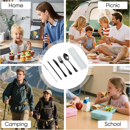 Travel Camping Utensils with Case, 6 Pcs Reusable Stainless Steel Silverware Cutlery Set, Spoon, Fork, Knife + Straw/Brush Kit for Camping, Travel, Office, Lunch Box, Eco On-the-Go (silver)