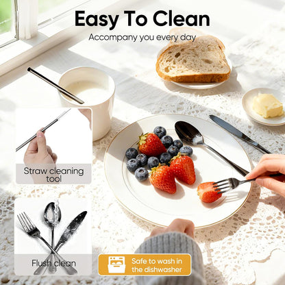 Travel Camping Utensils with Case, 6 Pcs Reusable Stainless Steel Silverware Cutlery Set, Spoon, Fork, Knife + Straw/Brush Kit for Camping, Travel, Office, Lunch Box, Eco On-the-Go (silver)