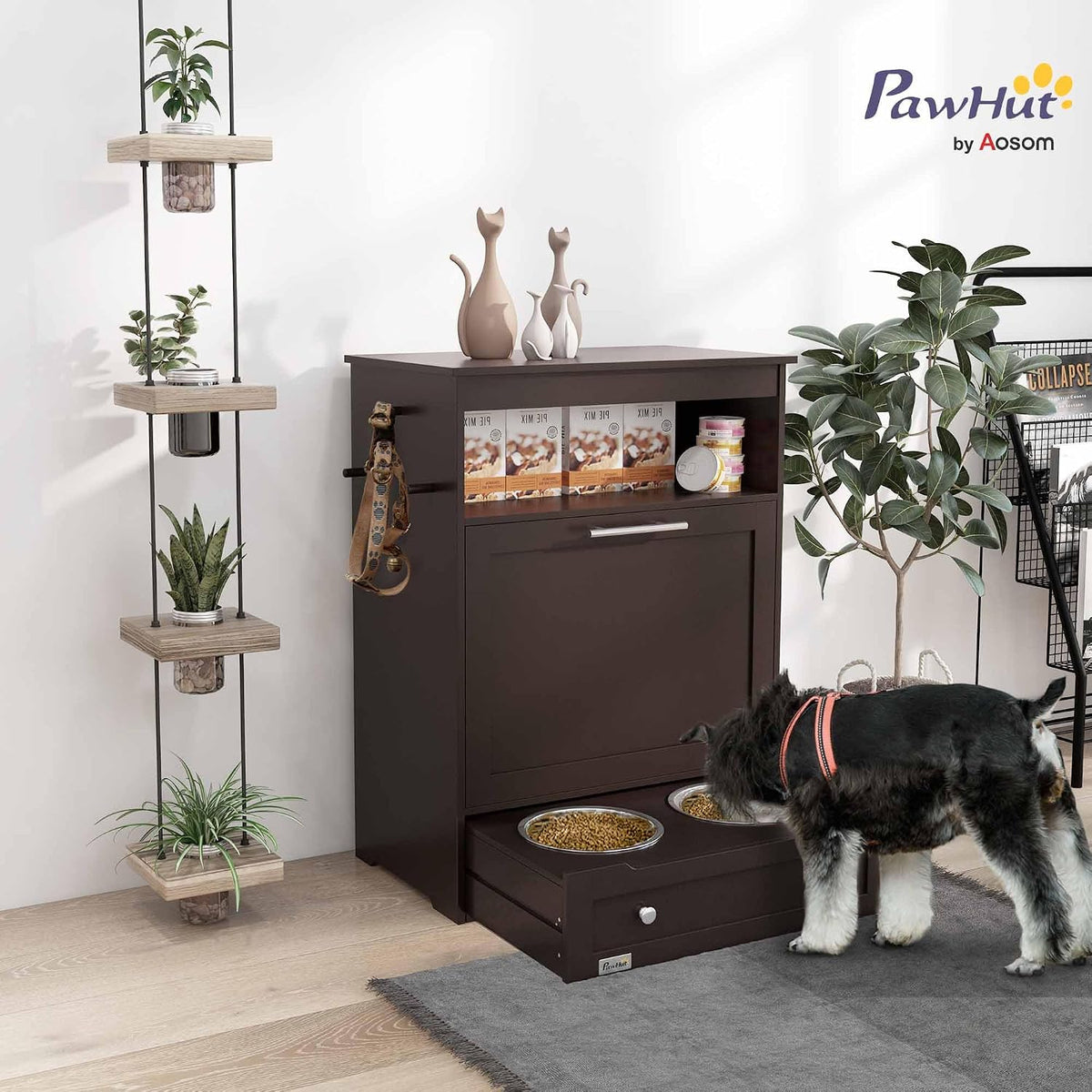 Dog Feeding Station with Raised Bowls, Pet Feeder Station, Brown