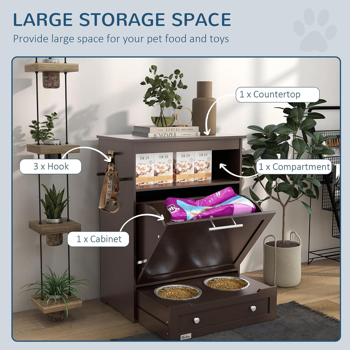 Dog Feeding Station with Raised Bowls, Pet Feeder Station, Brown