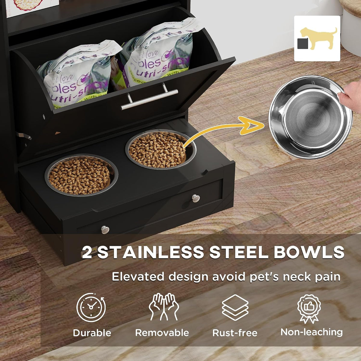 Dog Feeding Station with Raised Bowls, Pet Feeder Station, Brown