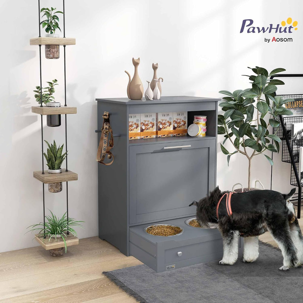 Dog Feeding Station with Raised Bowls, Pet Feeder Station, Brown