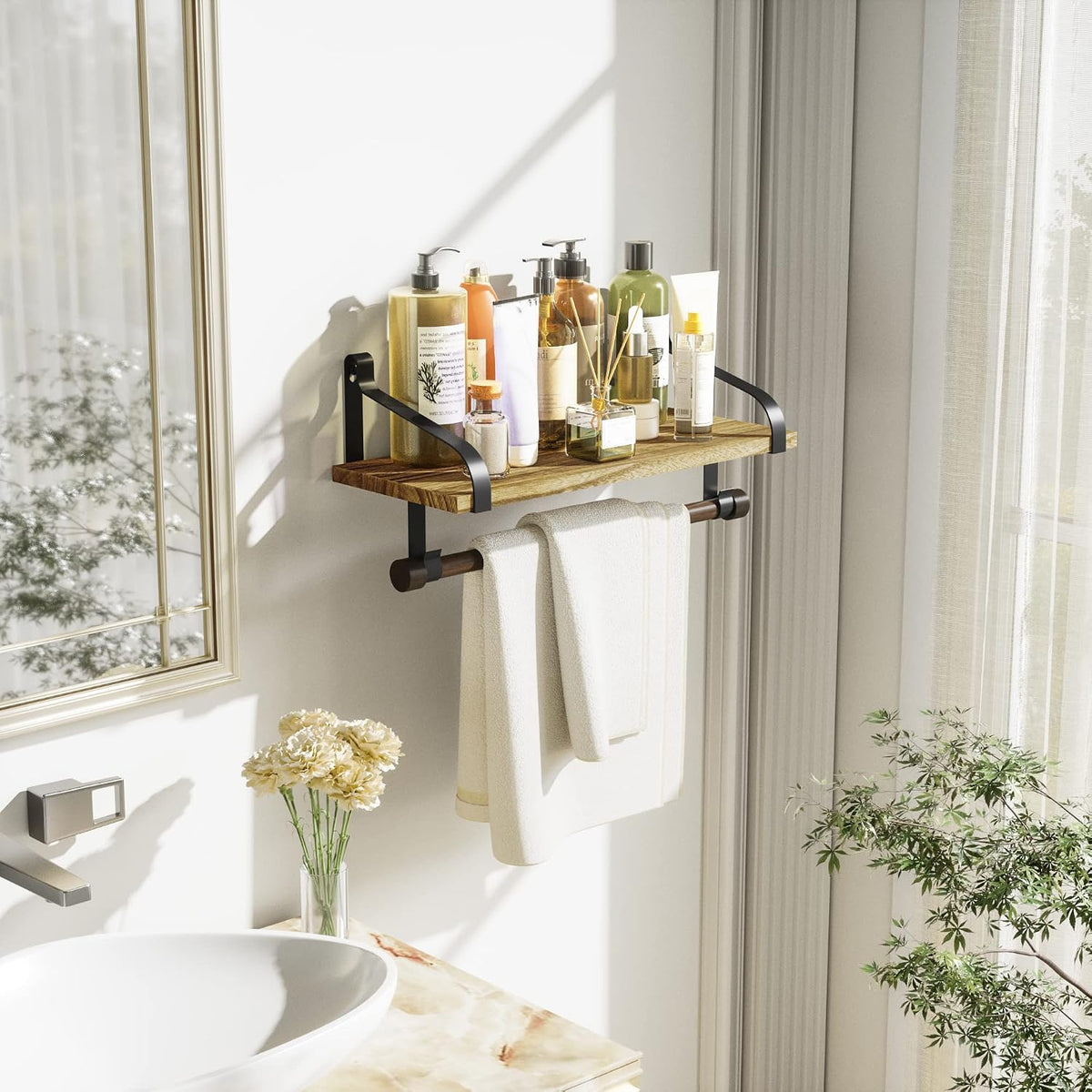 17.3"Floating Wall Shelf Solid Wood,Coffee Bar Carbonized Black