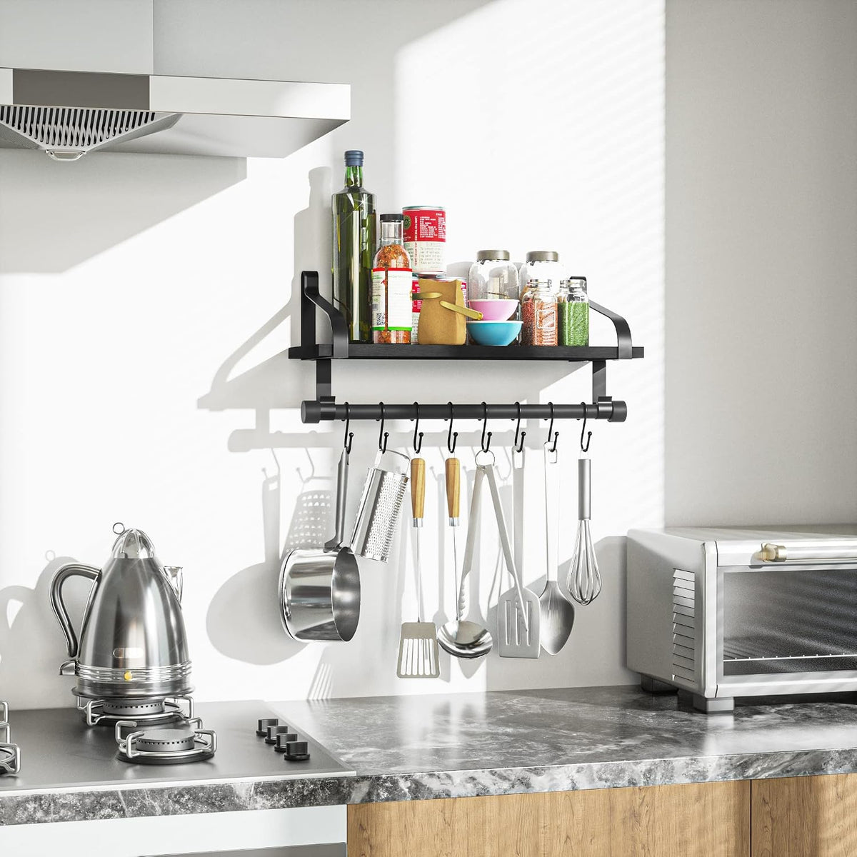 17.3"Floating Wall Shelf Solid Wood,Coffee Bar Carbonized Black