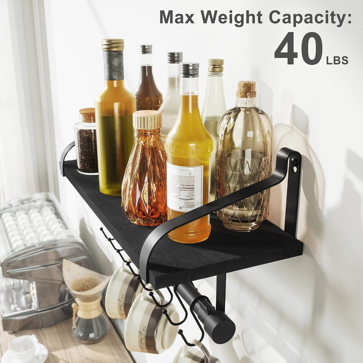 17.3"Floating Wall Shelf Solid Wood,Coffee Bar Carbonized Black